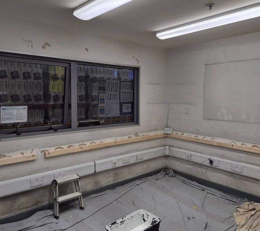 Office walls filled and floors protected for redecoration at Aldi Darlington Distribution Centre