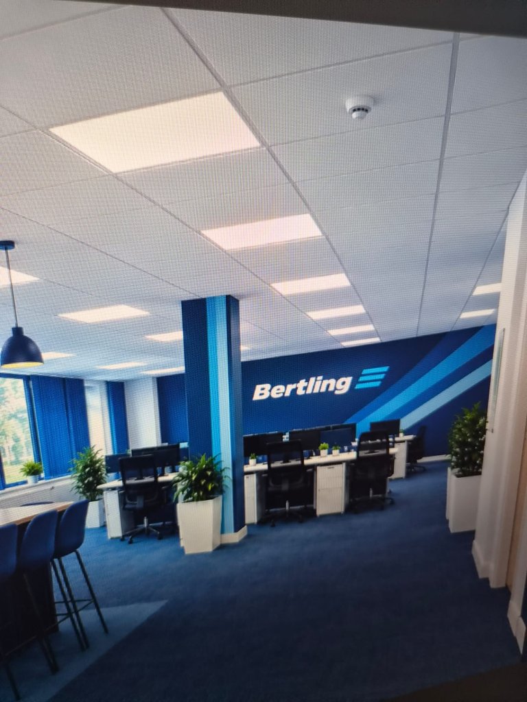 Original AI-generated concept for the blue branded Bertling office interior