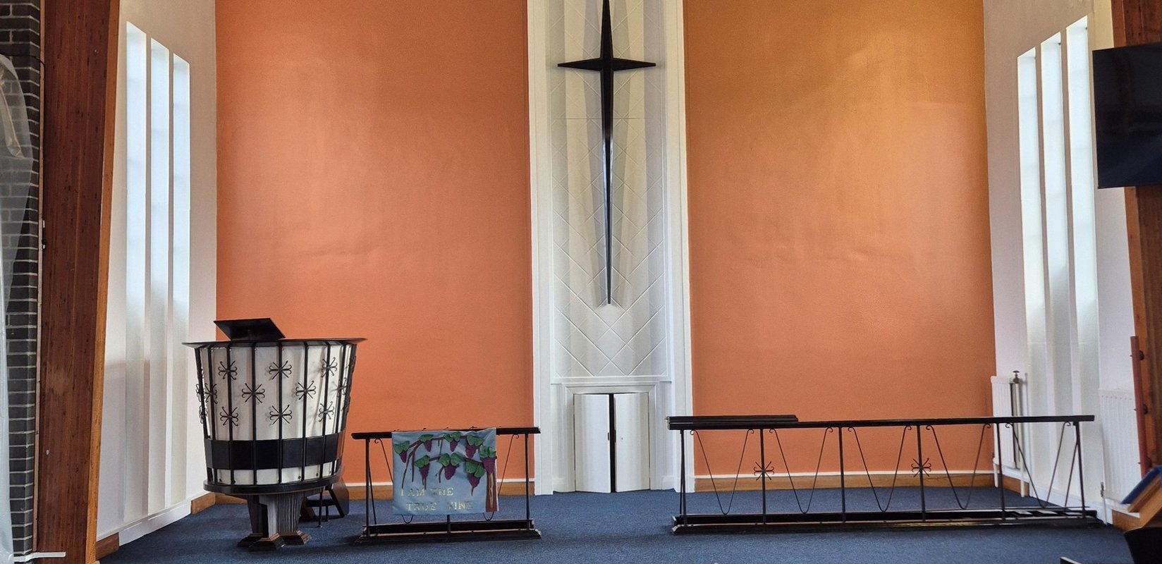 Restored interior of St Andrew's Methodist Church following fire and smoke damage