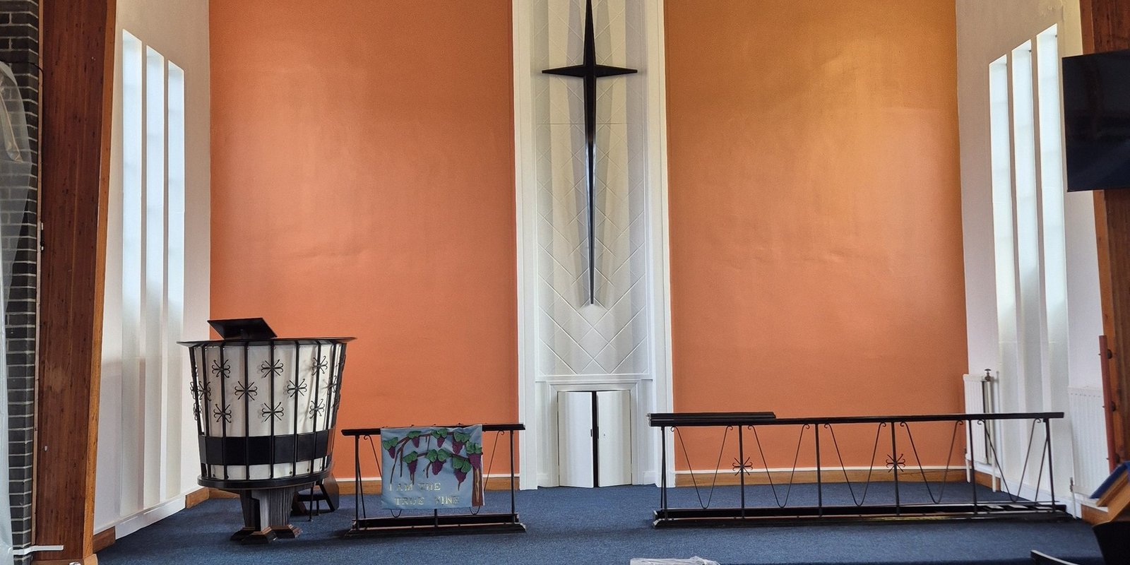 Restored interior of St Andrew's Methodist Church following fire and smoke damage